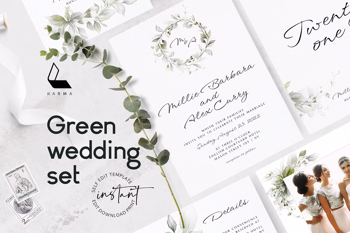 Green wedding | Editable templates