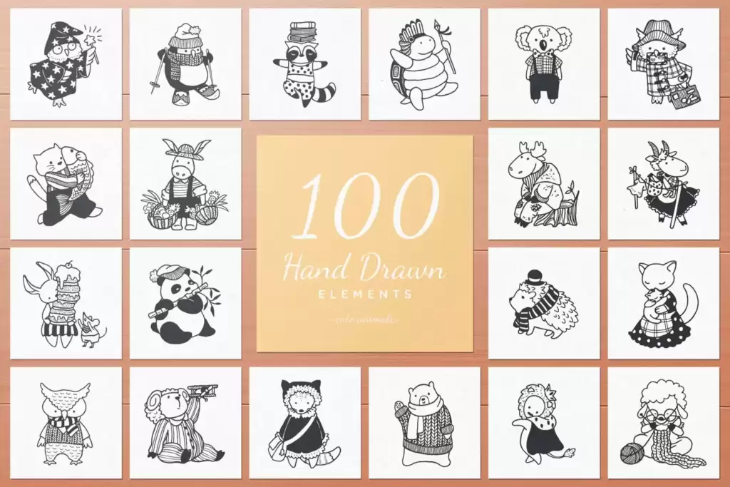 100 Hand Drawn Elements -Animals-

