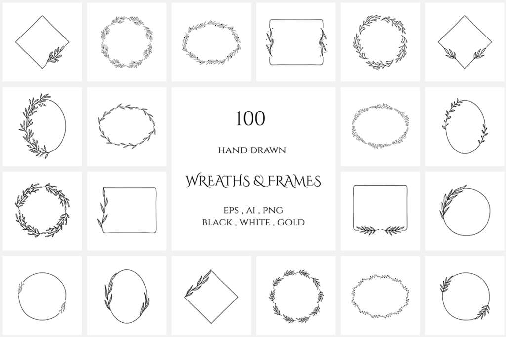 100 Hand Drawn Floral Wreaths and Frames 2