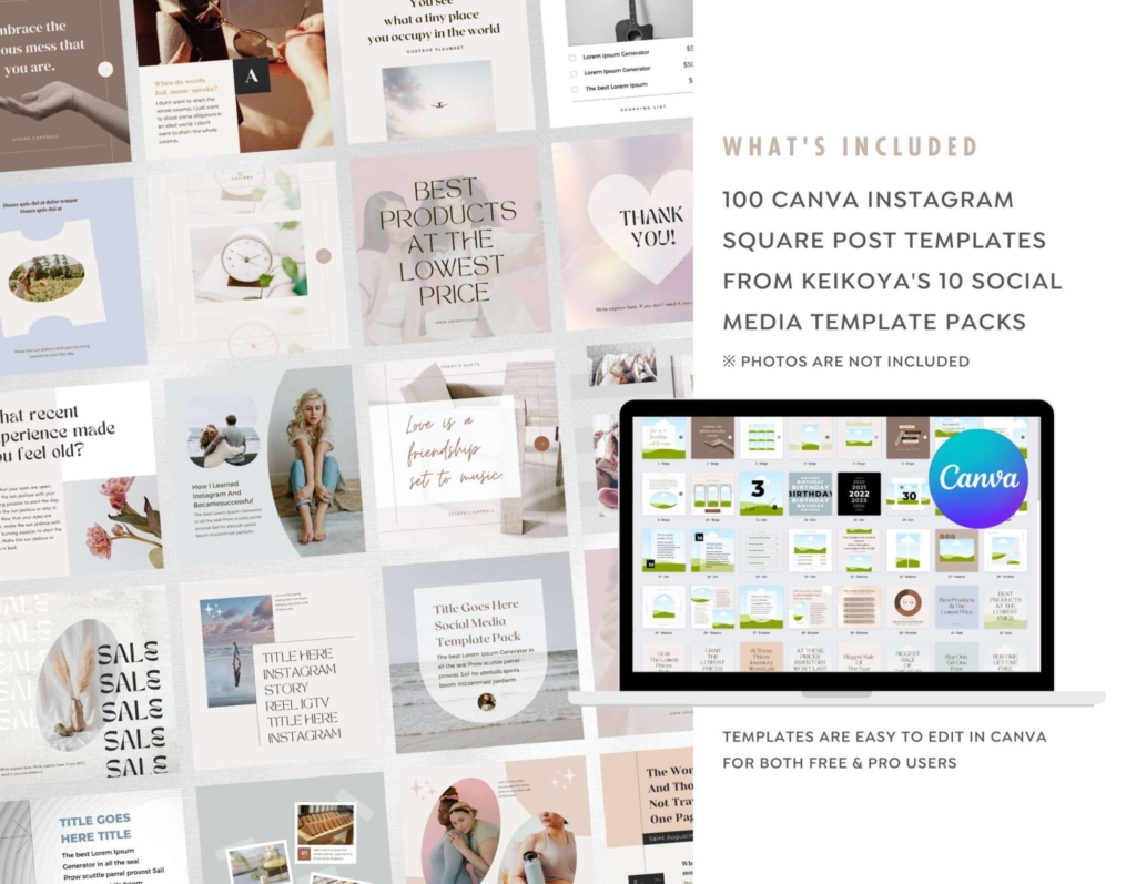 100 Instagram Template Canva Post Assorted - Engagement Animated Social Media Bundle - Quotes, Notification, CTA