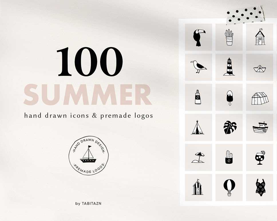 100 Summer Hand Drawn Icons Logos