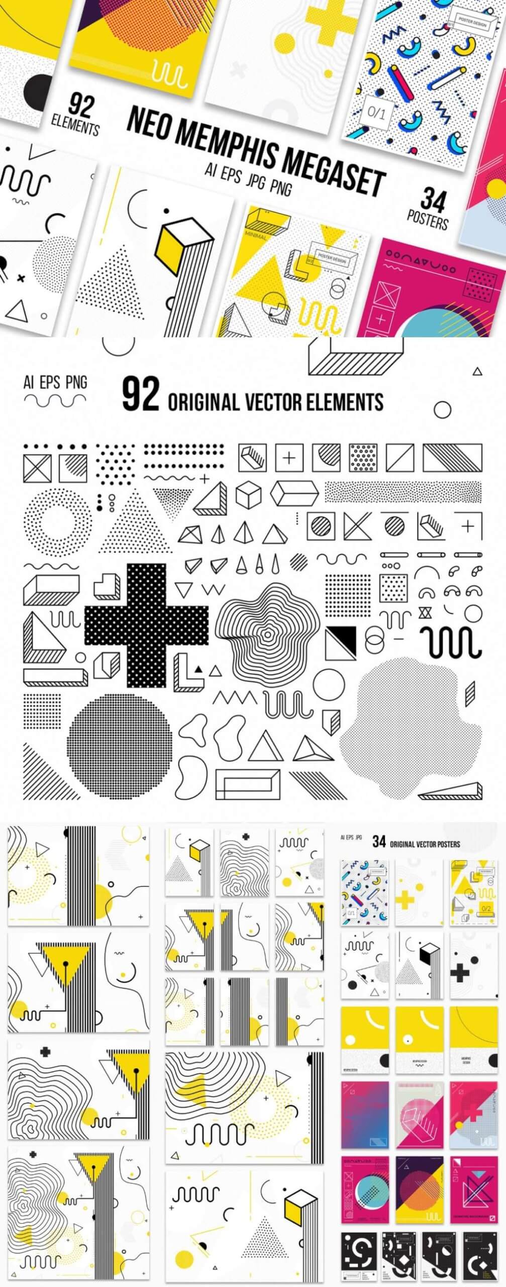 126 Posters & Elements Memphis Set