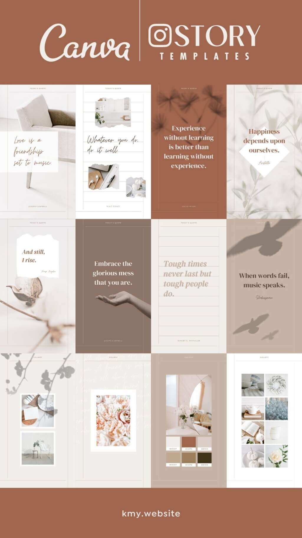 Instagram Story Reel Template Canva - Editable Clean Minimum Beige Brown Carousel IG Social Media Post Pack - Quotes, Notification, CTA