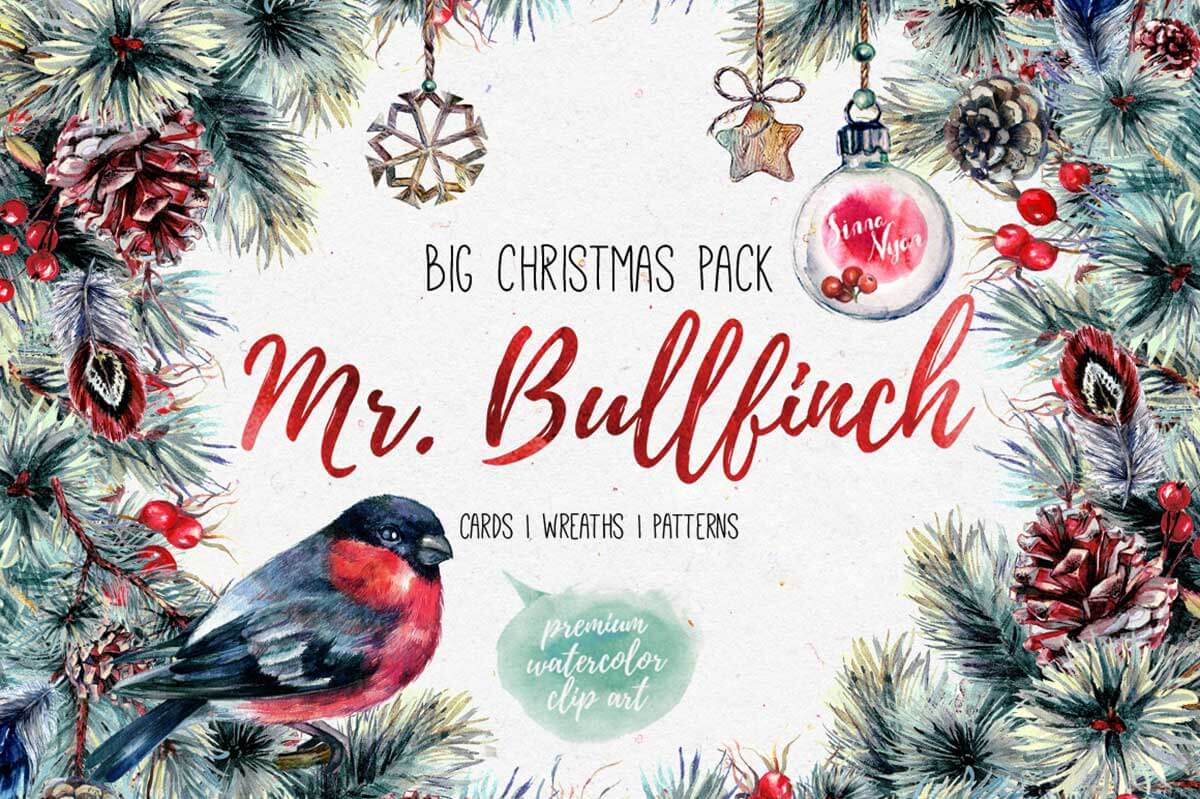 Mr Bullfinch Watercolor Clip-Art Xmas