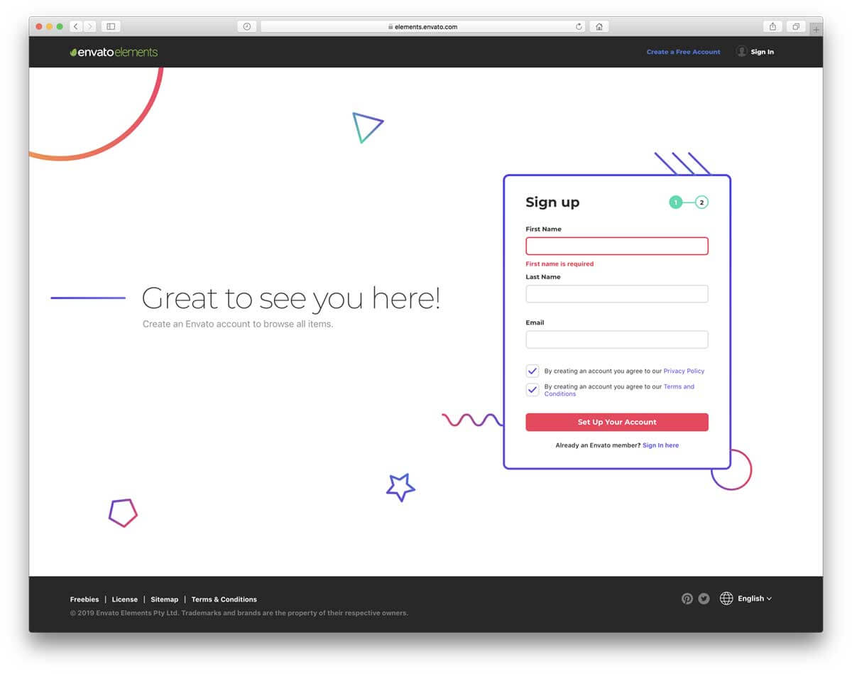envato elementsのサインアップ画面