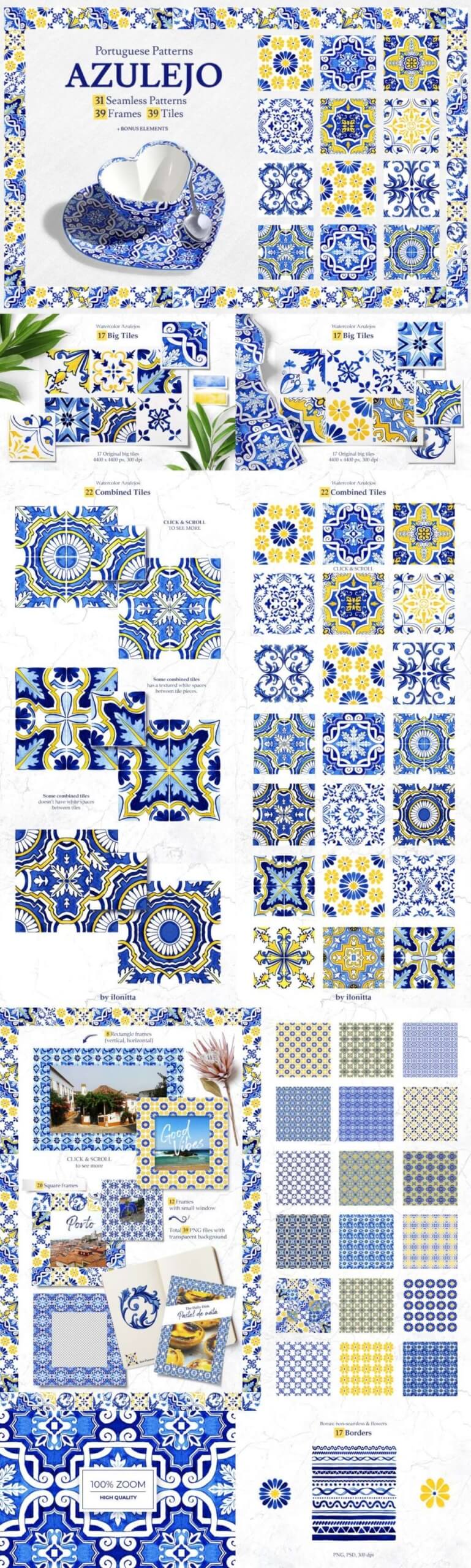 Portuguese Azulejos Watercolor Tiles and Patterns