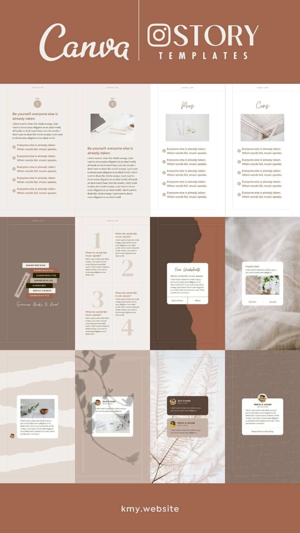 Instagram Story Reel Template Canva - Editable Clean Minimum Beige Brown Carousel IG Social Media Post Pack - Quotes, Notification, CTA