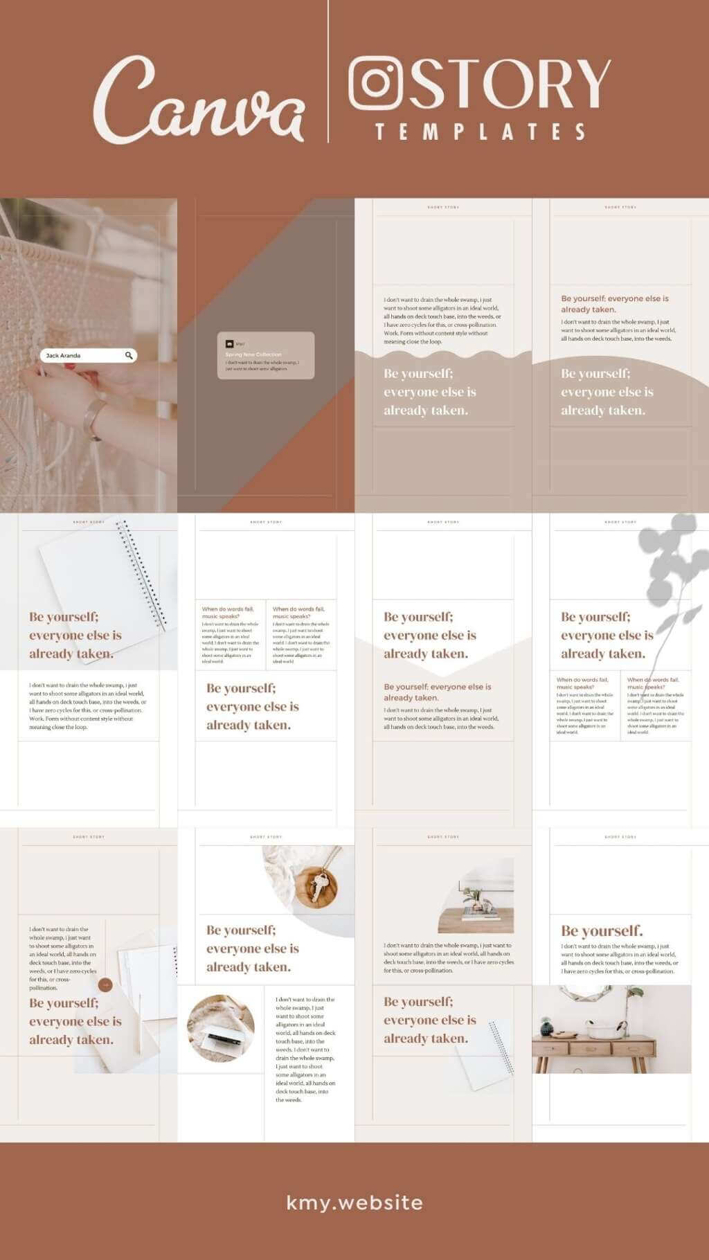 Instagram Story Reel Template Canva - Editable Clean Minimum Beige Brown Carousel IG Social Media Post Pack - Quotes, Notification, CTA