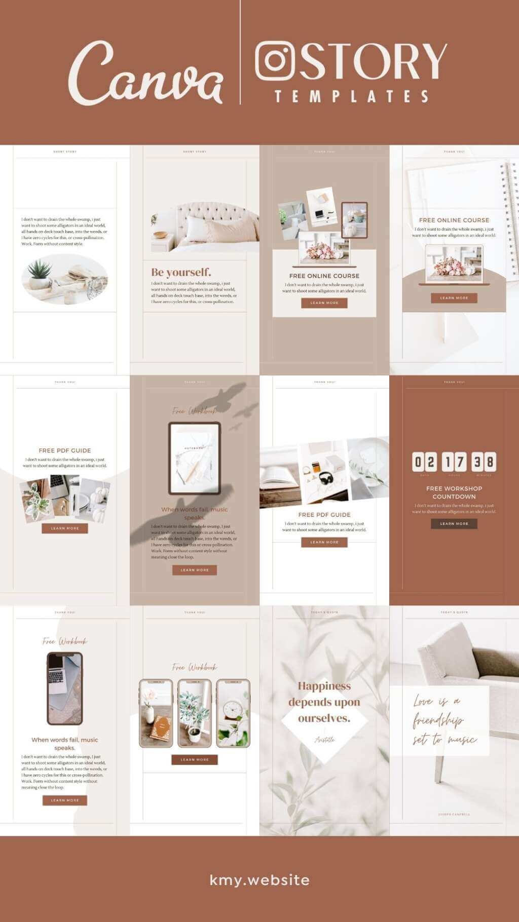 Instagram Story Reel Template Canva - Editable Clean Minimum Beige Brown Carousel IG Social Media Post Pack - Quotes, Notification, CTA