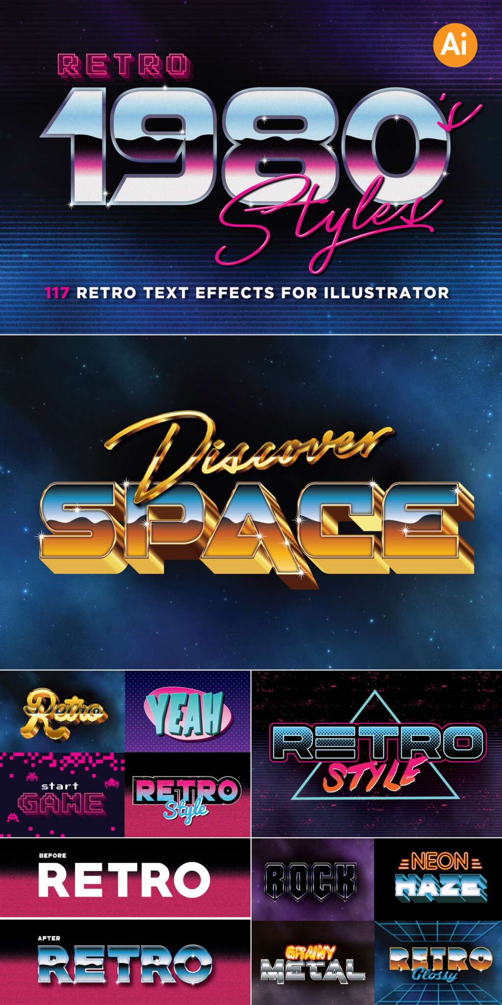 80’s Retro Text Graphic Styles for Illustrator
