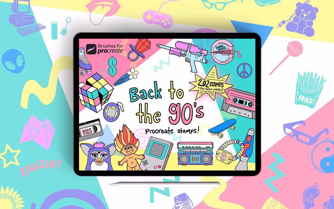 200+ Procreate 90's Retro Stamps
