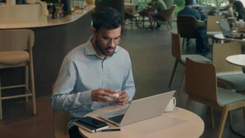 Arabian Indian Business Man Businessman Freelancer Guy Male Visitor in Cafe Distant Working Pc

