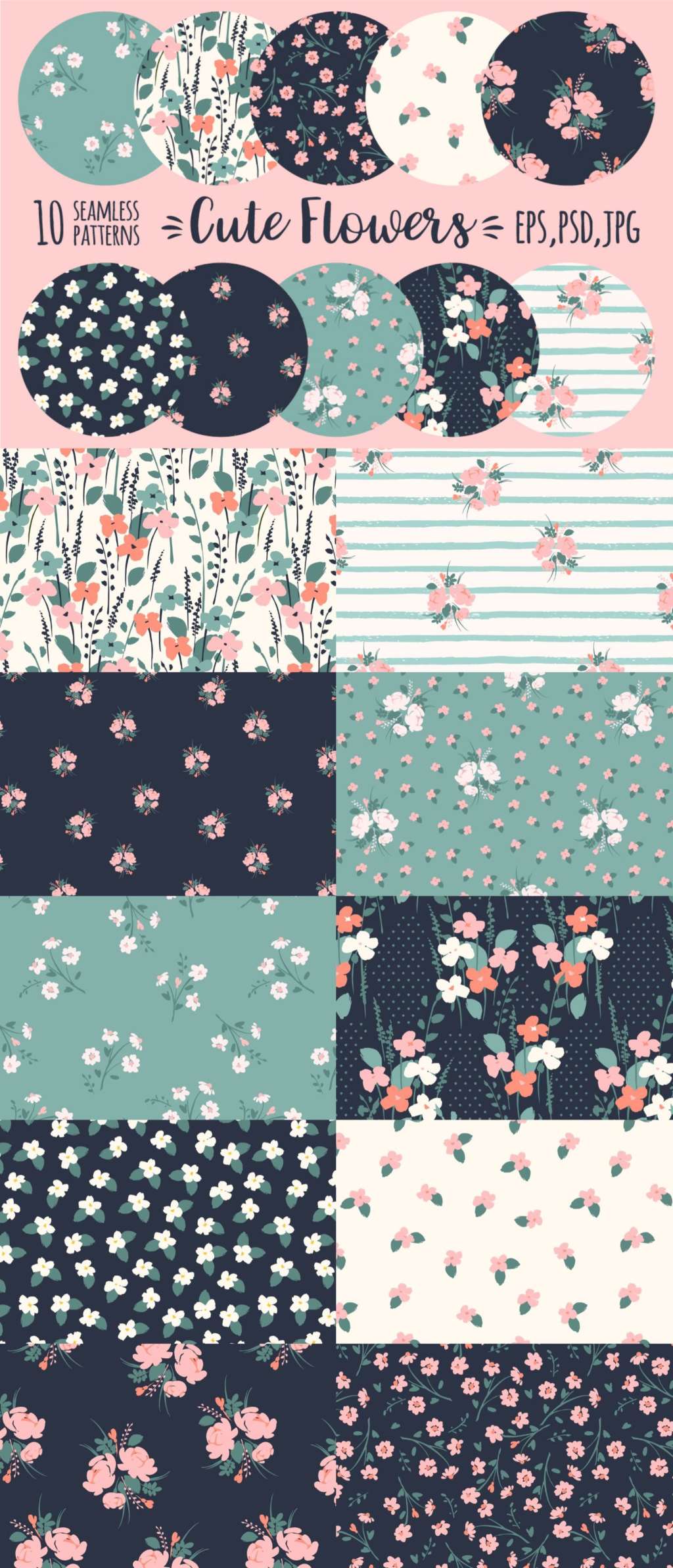 Cute Flowers. 10 Floral Abstract Seamless Patterns