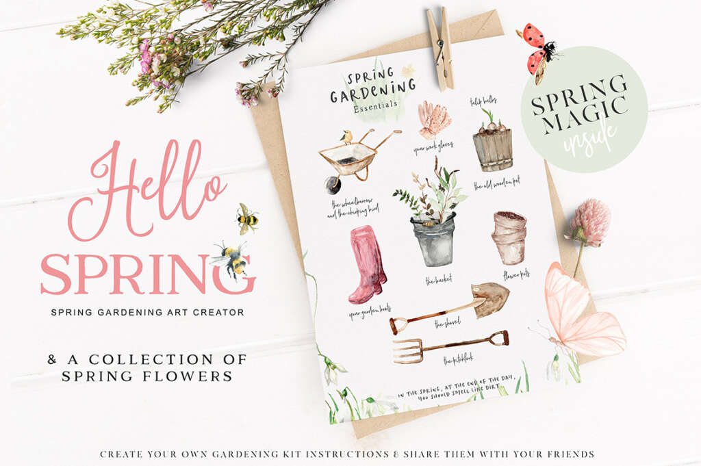 Hello Spring – Watercolor Gardening Graphics
