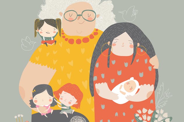 Illustration of three generations of women of diff