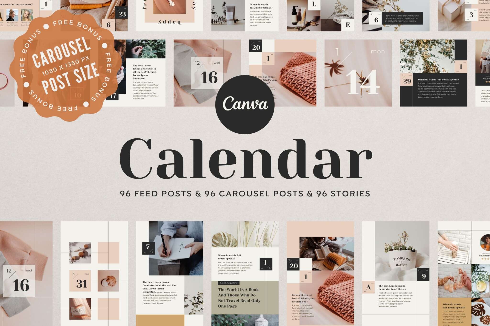 Instagram Template Canva Post Story Calendar - Reel Carousel Animated Cover Social Media Pack - Quotes, Notification, CTA