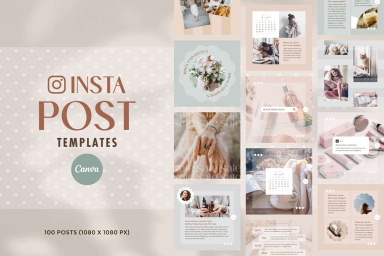 100 Instagram Templates Canva Post Dot- Editable Pink Beige Social ...