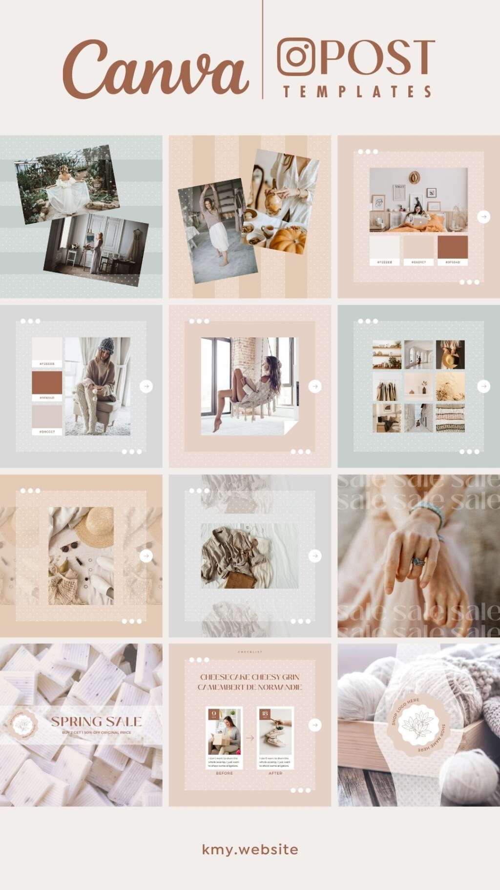 100 Instagram Templates Canva Post Dot- Editable Pink Beige Social ...