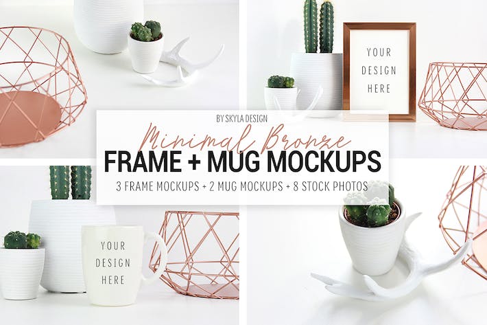 Picture frame and mug mockups, Minimal bronze
