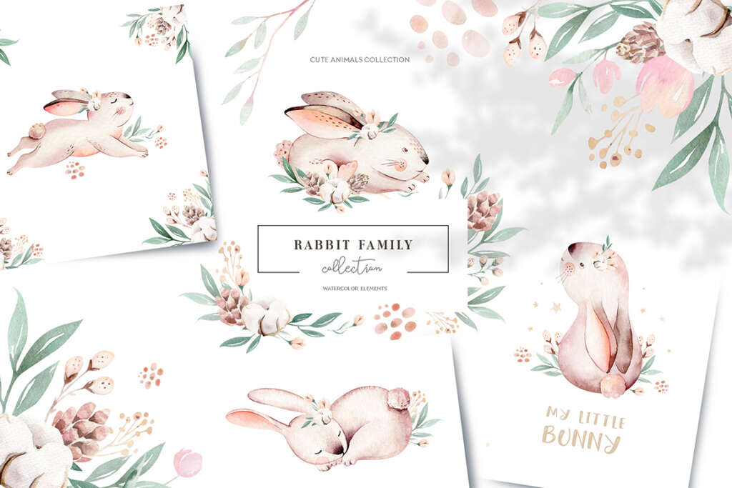Rabbit Family. Watercolor Collection
