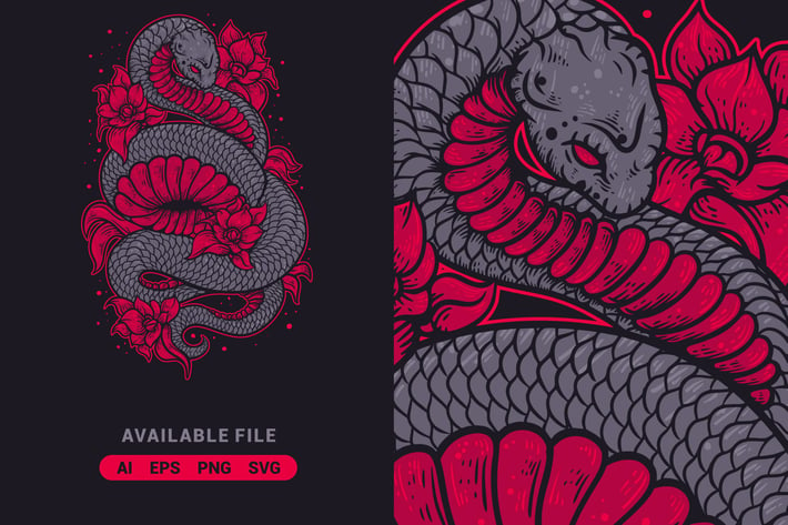 Scary Snake With Flower Vector Illustration
