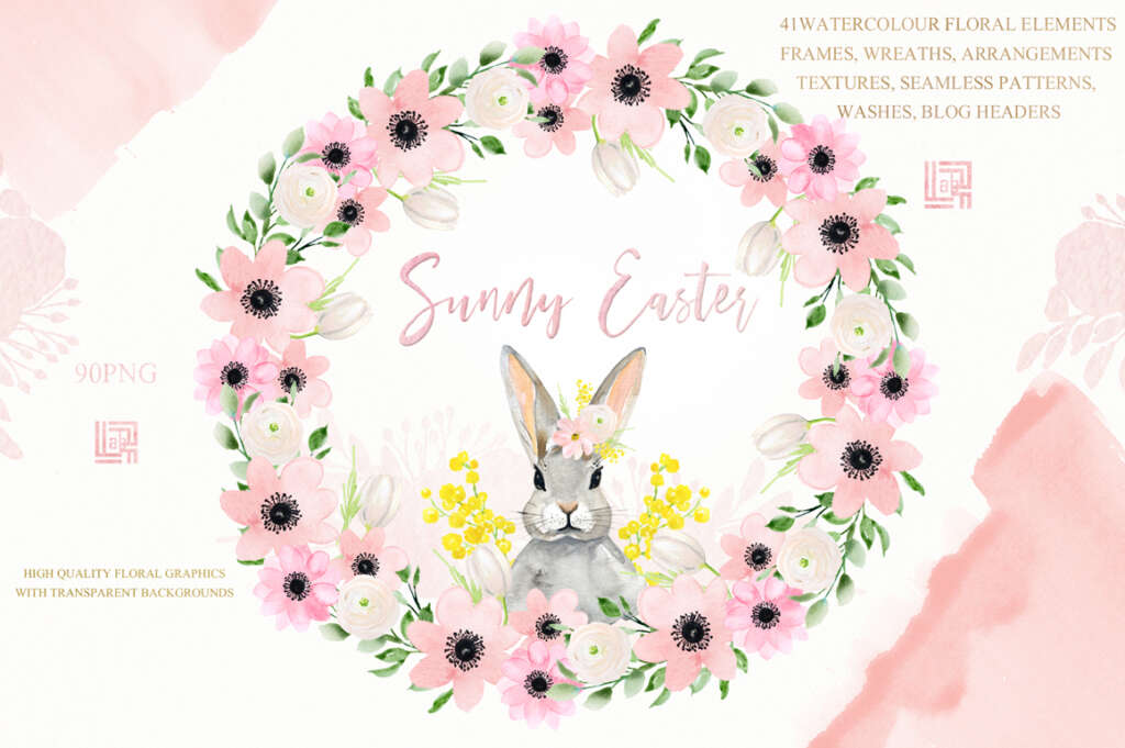 Sunny Easter Bunny Watercolor Floral Clipart
