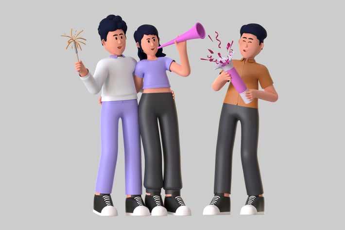 Three cartoon people celebrating with party items.
