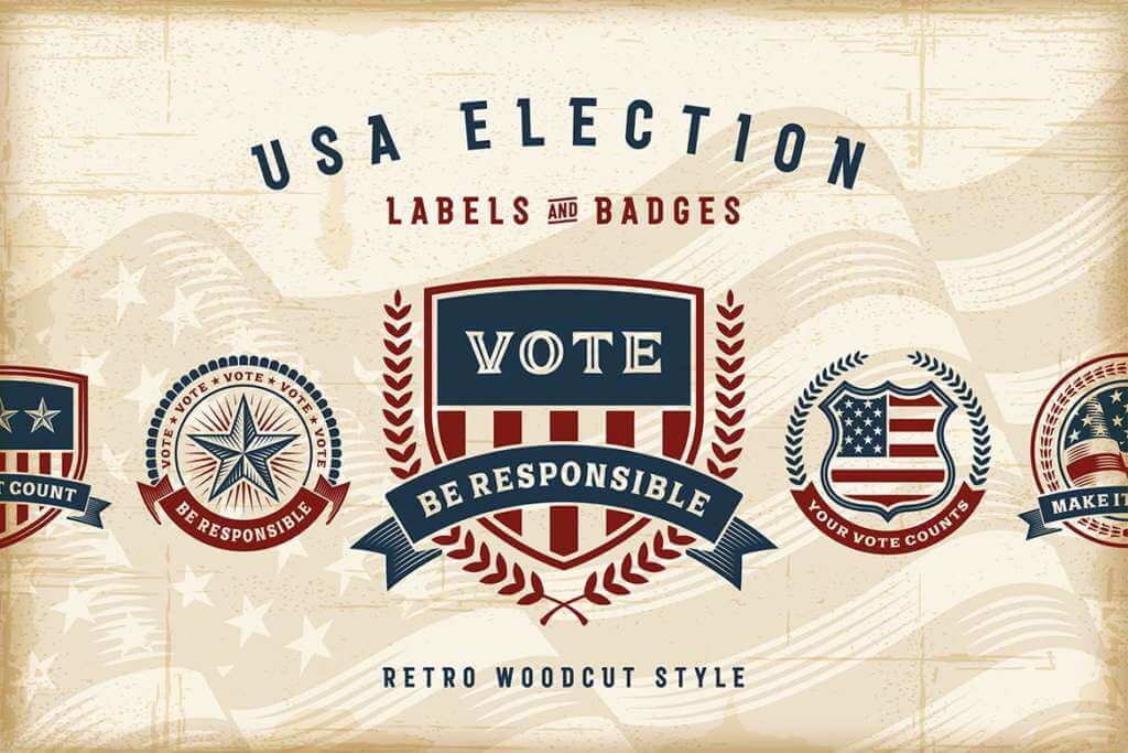 Vintage USA Election Labels & Badges Set
