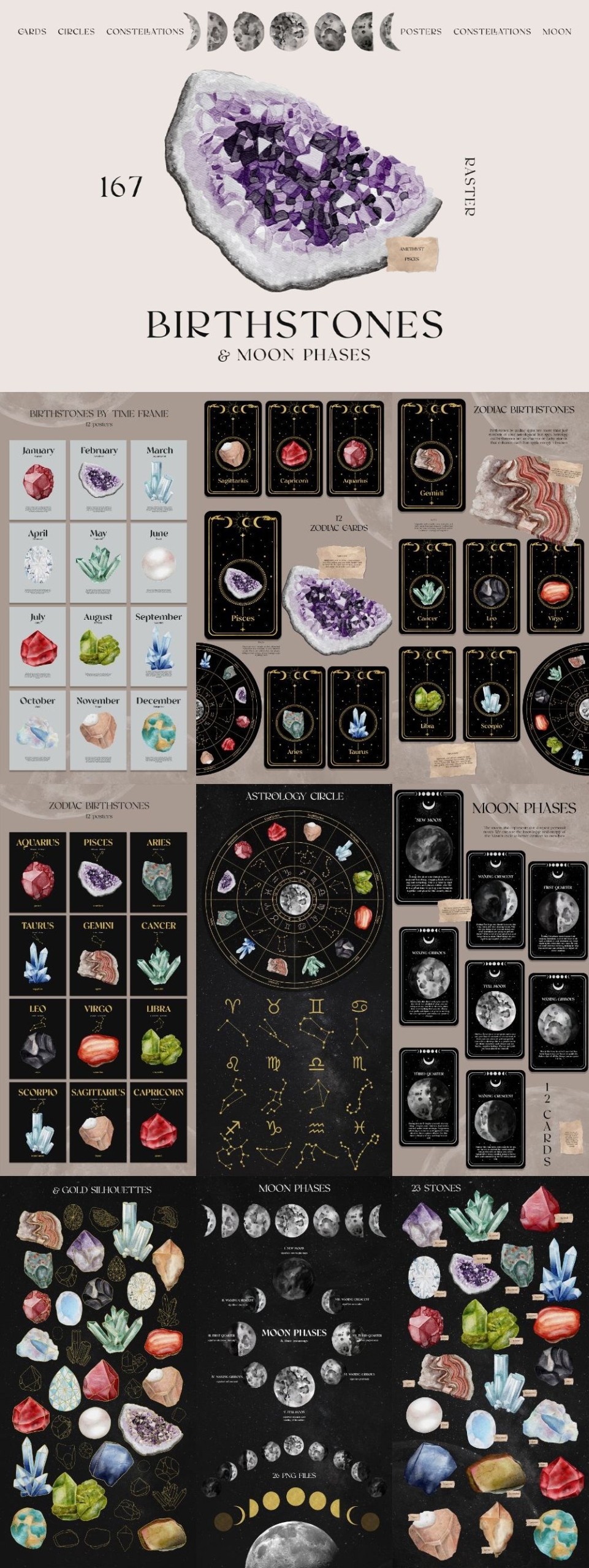 Watercolor Birthstones & Moon Phases