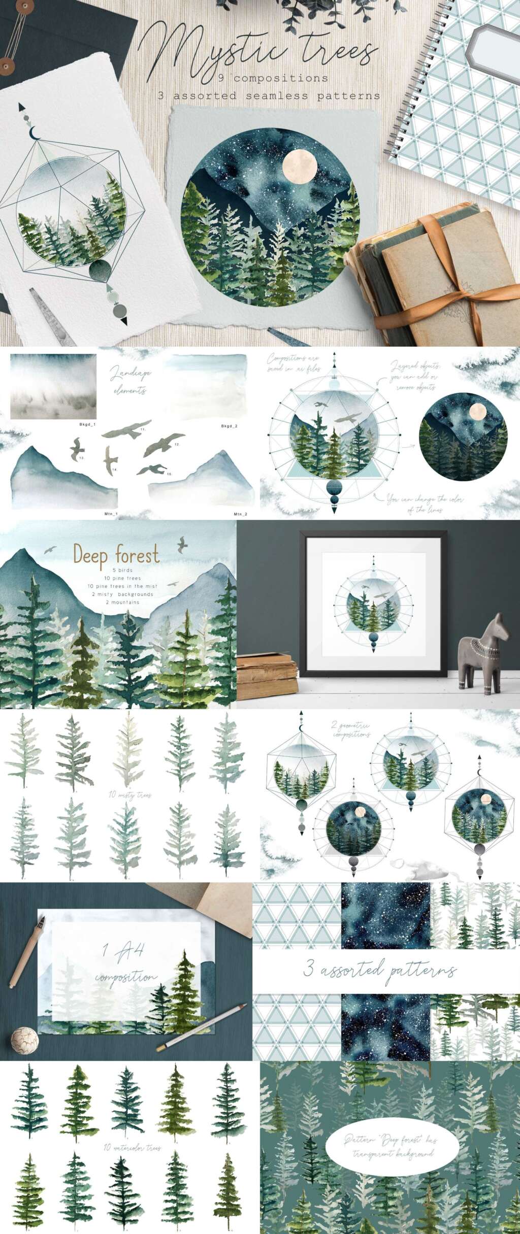 Watercolor Fir Trees and Mountains