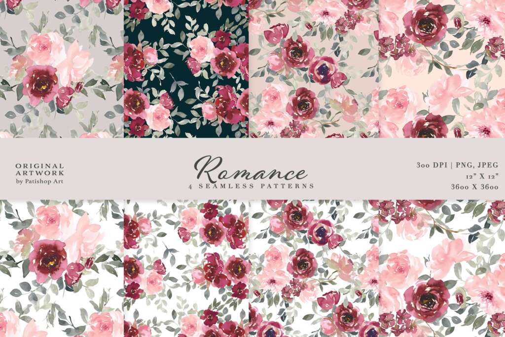 Watercolor Floral Seamless Pattern Set
