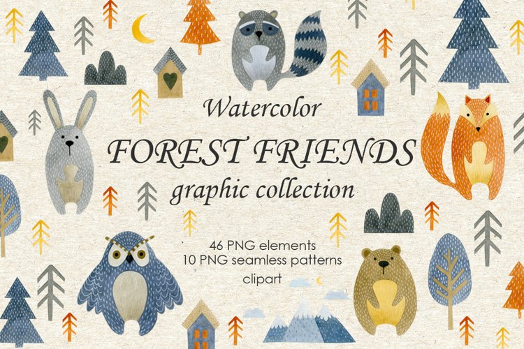 Watercolor forest friends graphic collection.
