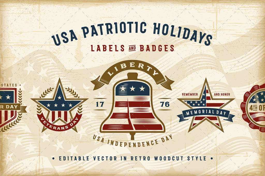 Vintage USA Patriotic Holidays Labels Set
