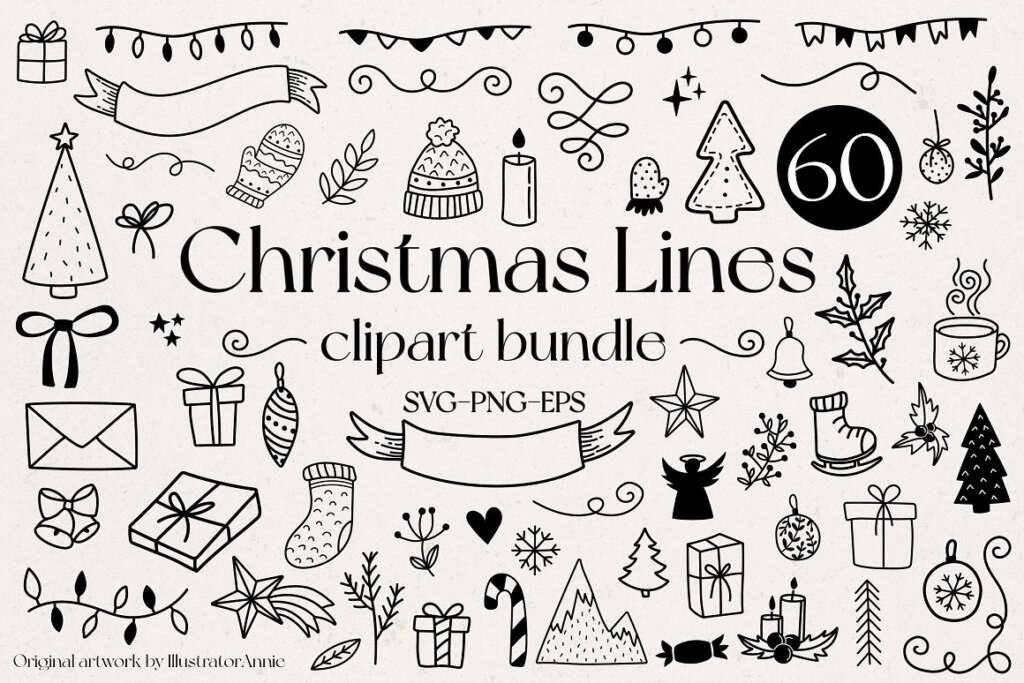 Christmas Line Art Clipart Bundle
