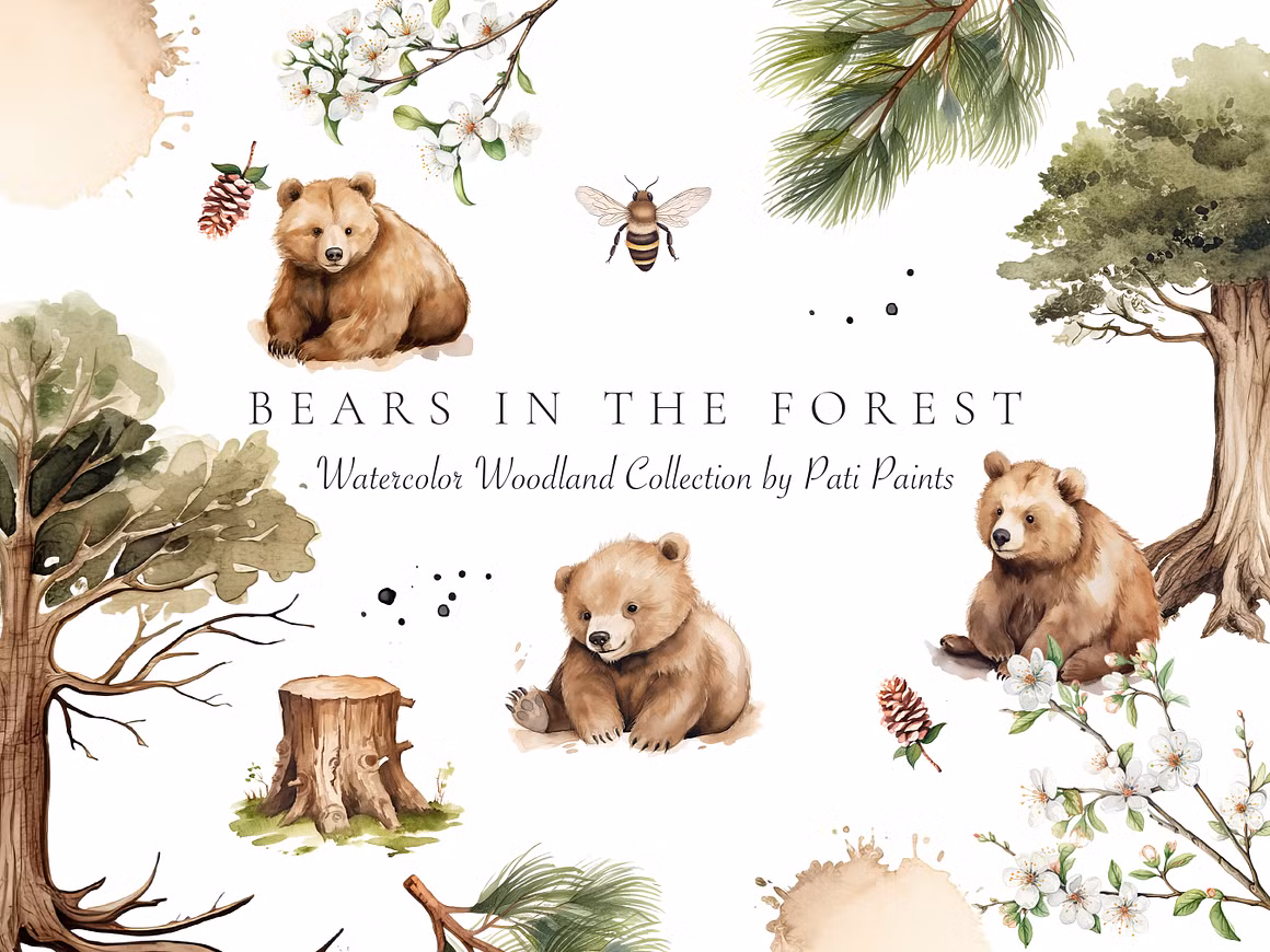 Watercolor Bears in the Forest Cute
