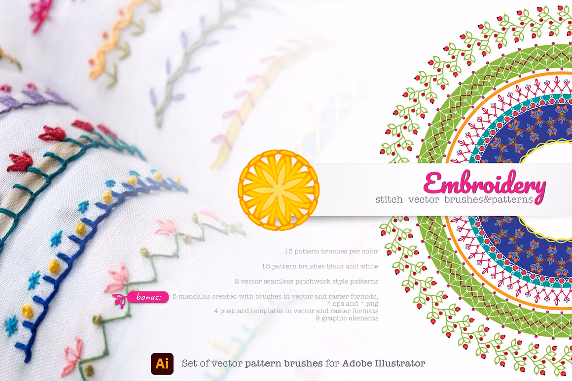 Embroidery. Vector Brushes & Pattern