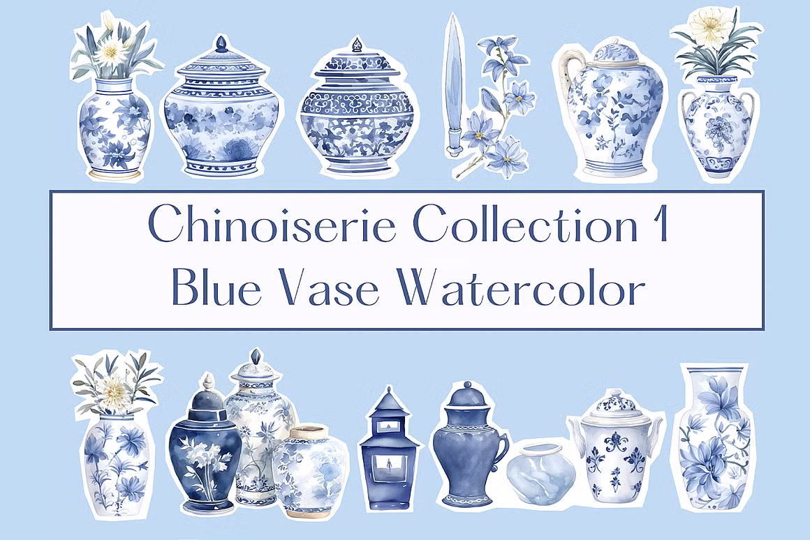 Watercolor chinoiserie vases clipart
