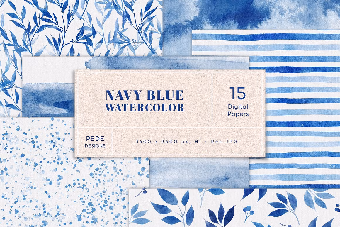 Navy Blue Watercolor Digital Papers
