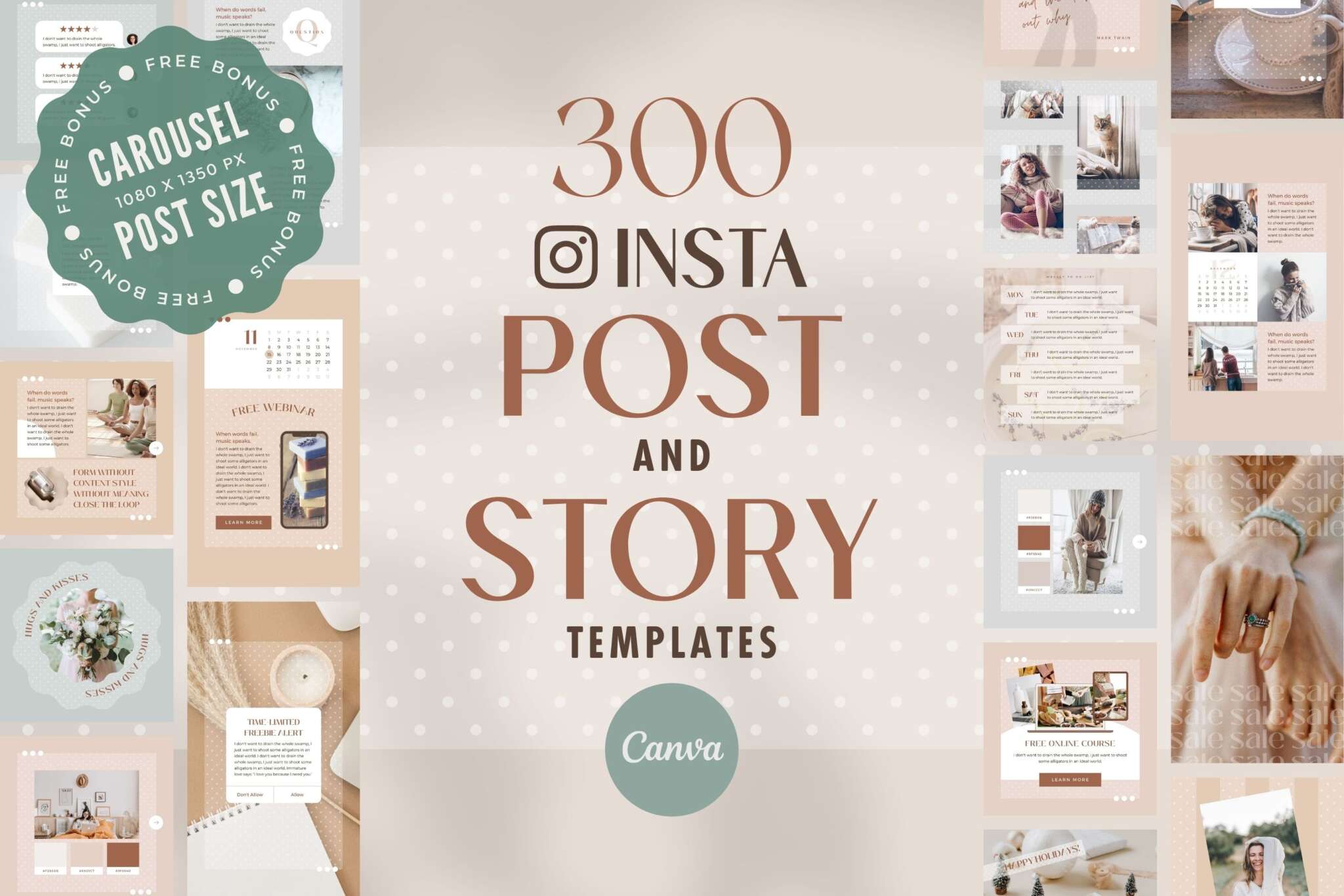Instagram Template Post Story Canva Polka Dot - Reel Carousel Animated Social Media Pack - Quotes, Notification, CTA