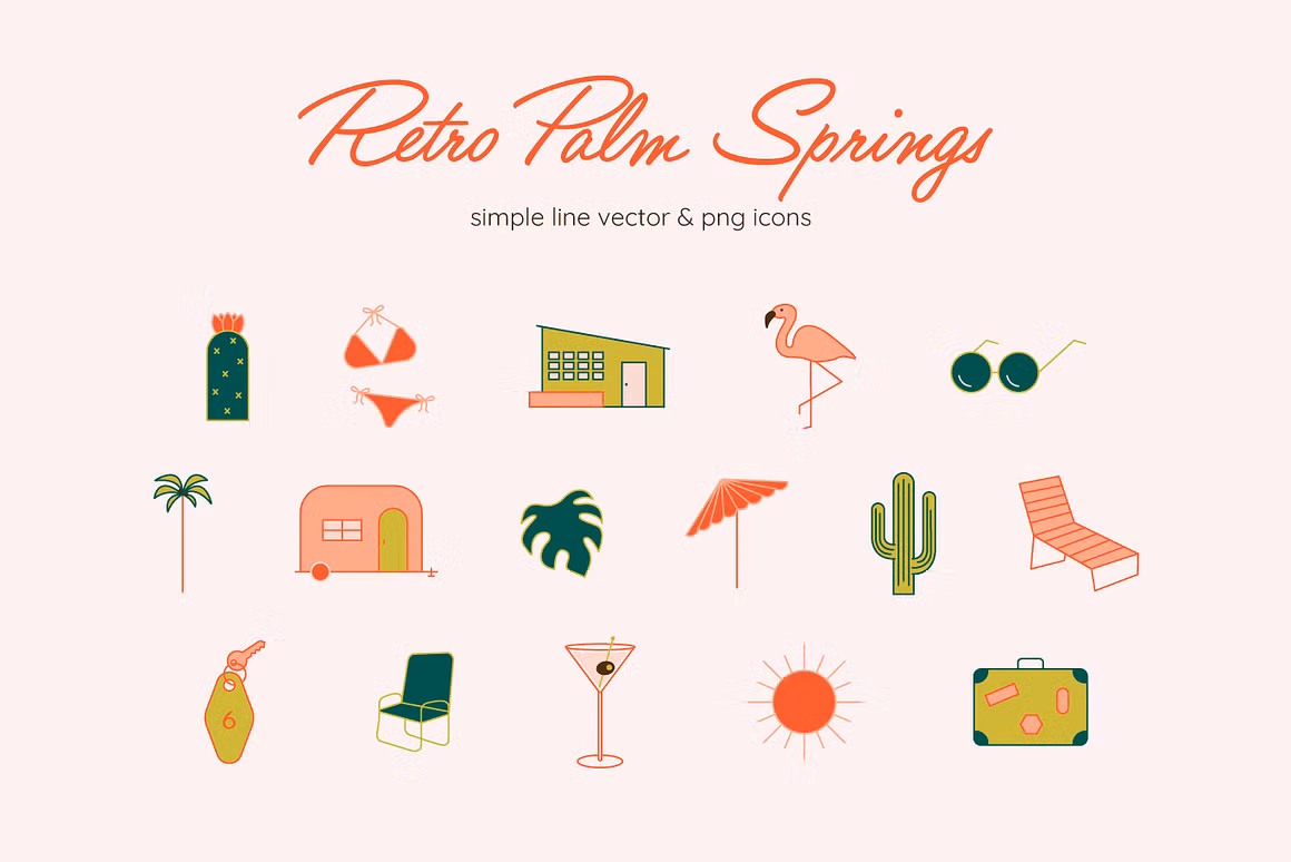 Retro Palm Springs Summer Icon Set