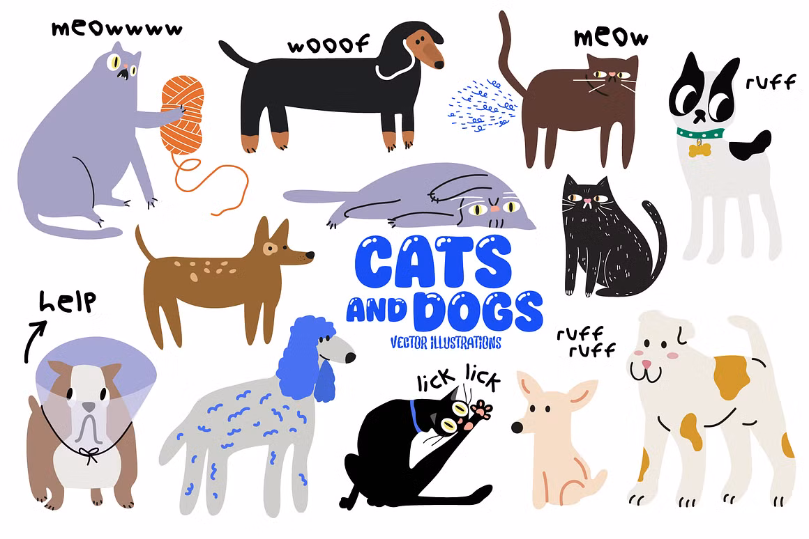 Cats and dogs vector illustrations