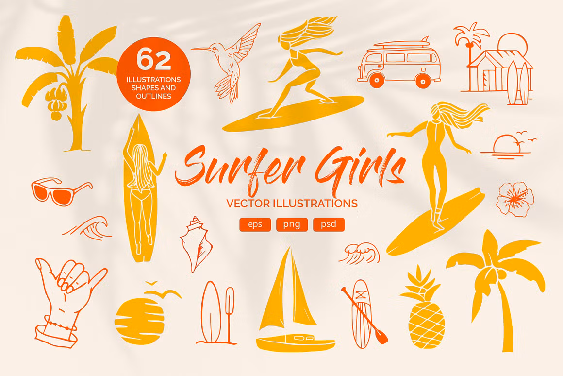 Surfer Girls Summer Graphics Set